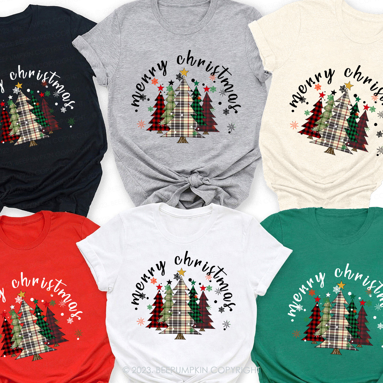 Merry Merry Christmas Plaid Tree Family Matching Tees Beepumpkin