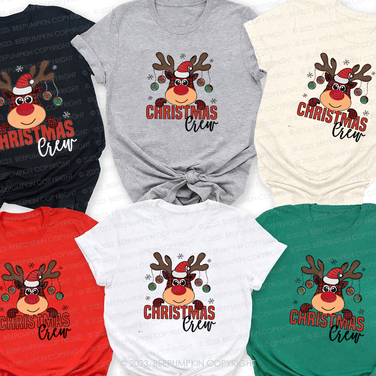 Cute Plaid Elk Christmas Crew Family Matching T-Shirts Beepumpkin