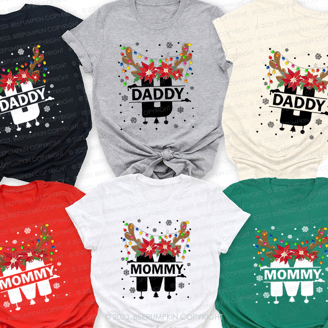 Monogrammed Full of Christmas lights Antler Matching Family T-shirts Beepumpkin