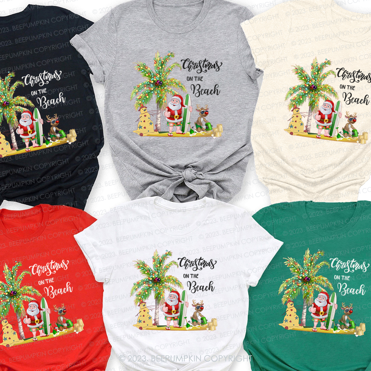 Santa With Elk Christmas On The Beach Matching Shirt