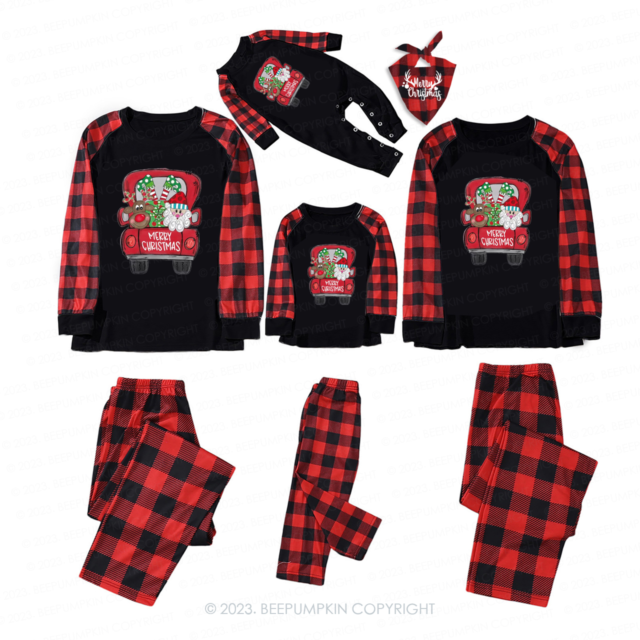Santa Claus and Elk in Christmas Truck Matching Pajamas