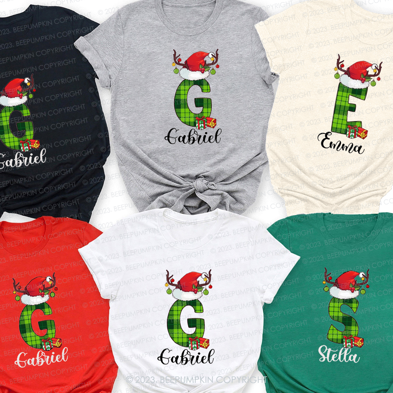 Mysterious Green Monogrammed Family Christmas Matching Shirts