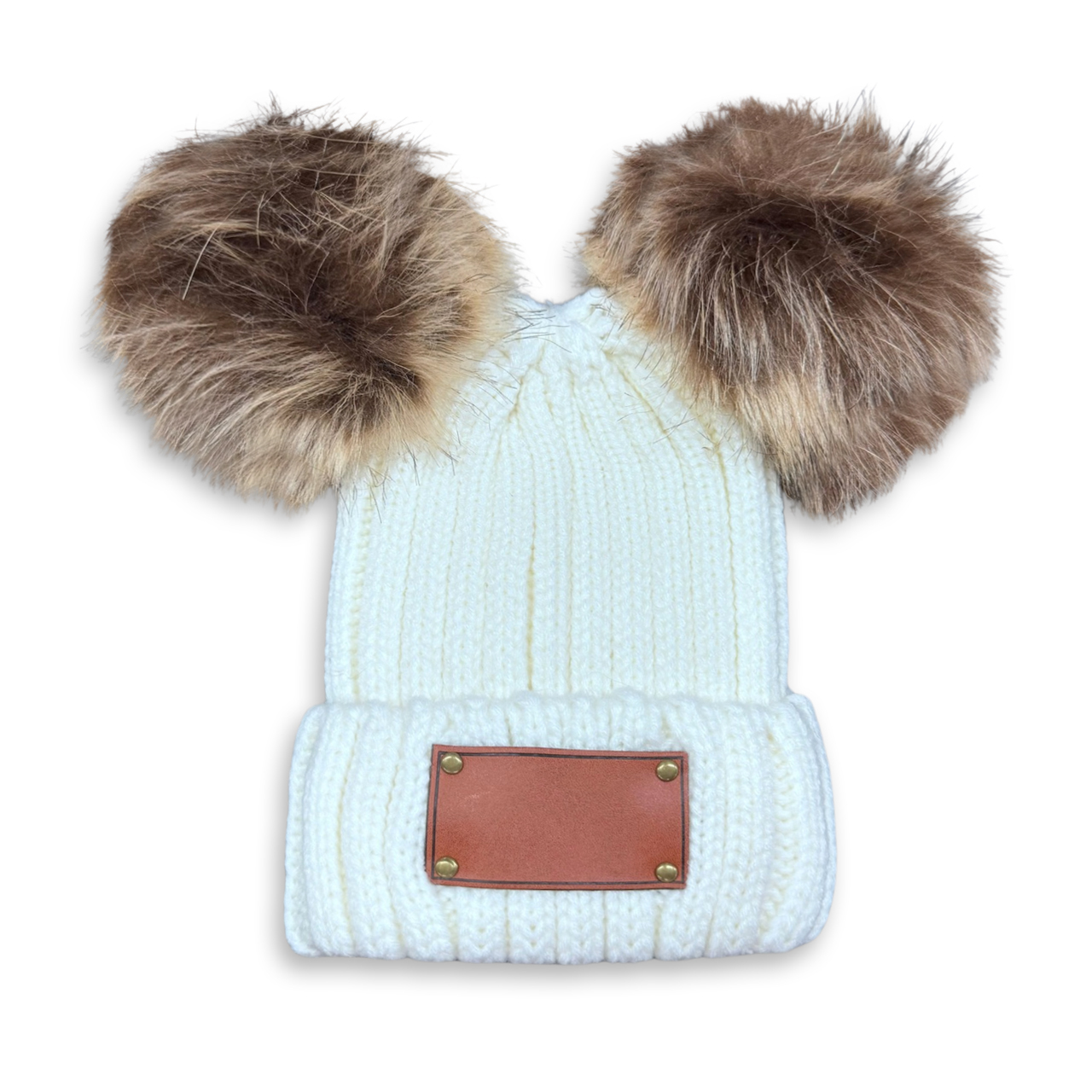 7 Colors Vegan Leather Patch Double PomPom Hat 