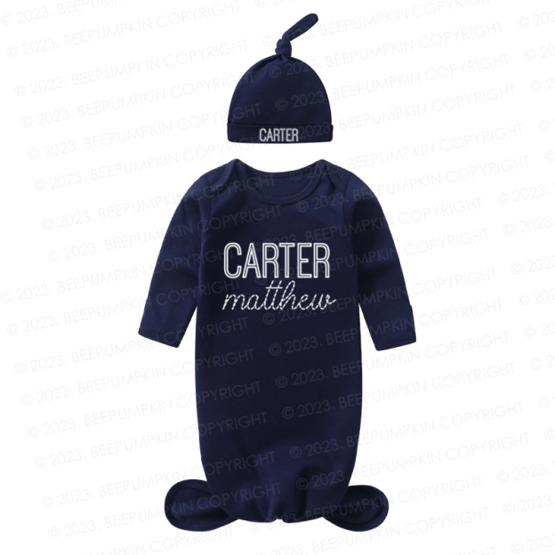 Personalized Gender Neutral Baby Knotted Gown&Hat Coming Home Outfit