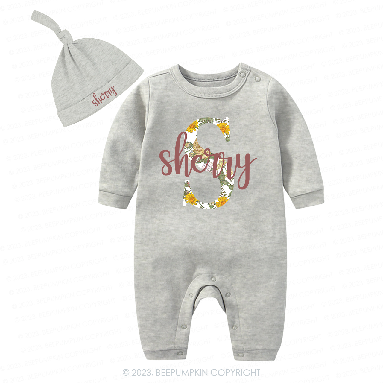 Personalized Baby Girl Vintage Floral Romper And Hat Set