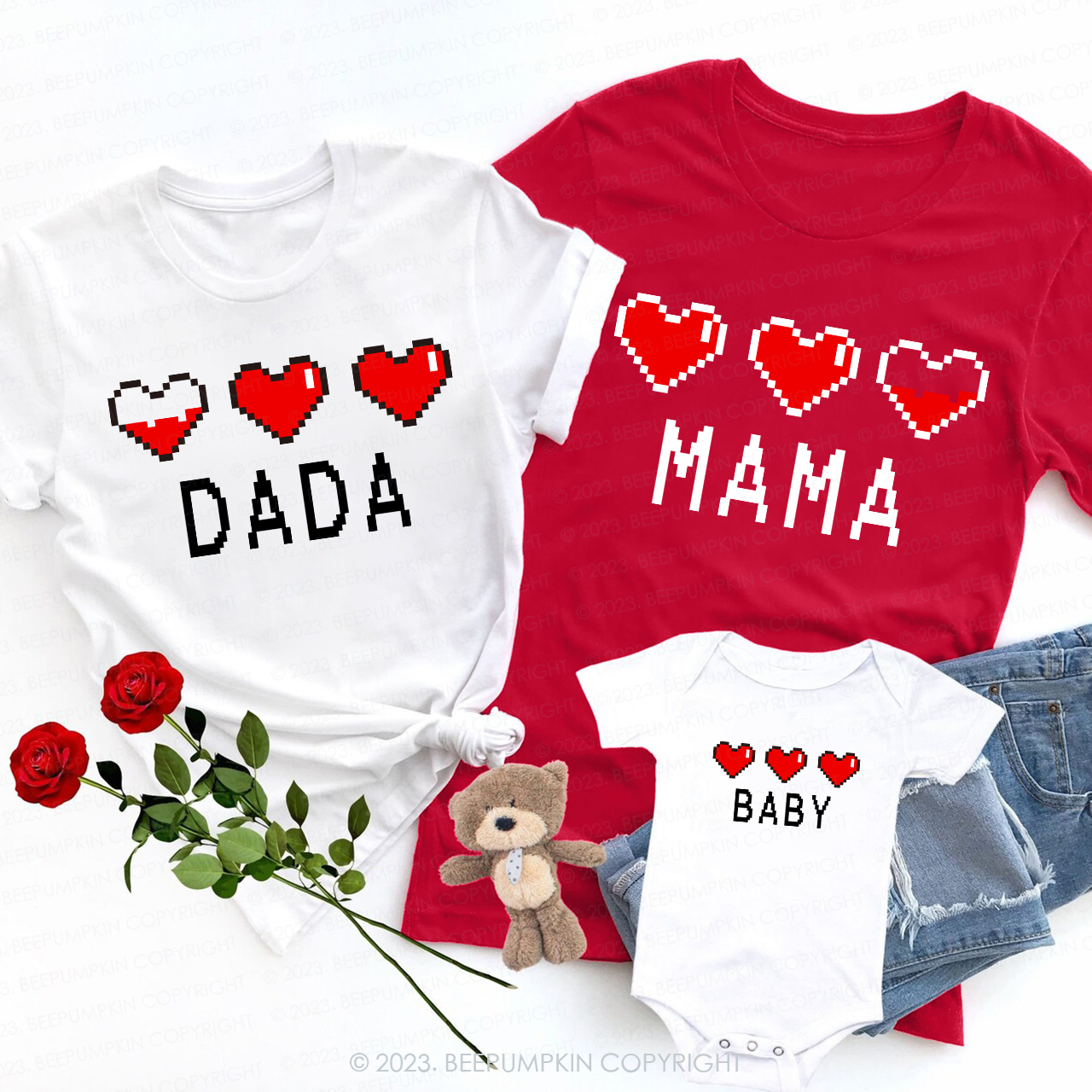 Personalized Pixel Heart Gift Valentine's Shirts For Family