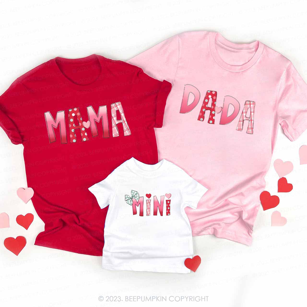 Mama Dad Mini Pink Red Mint Valentine's Family Matching Shirts