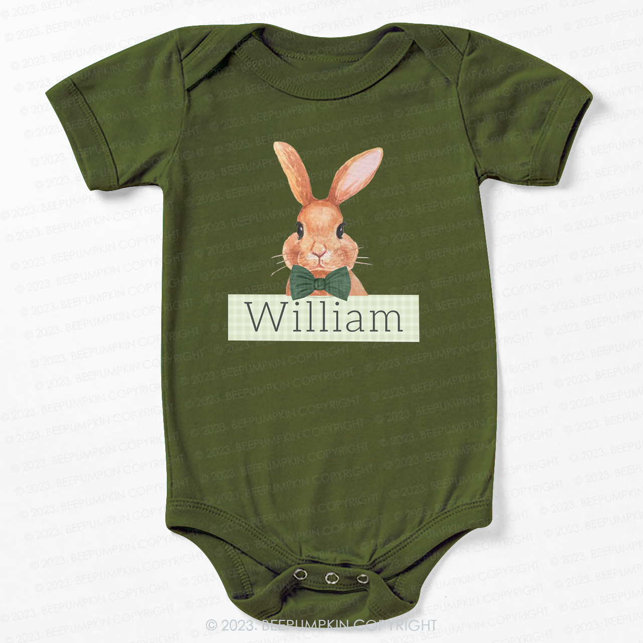 Easter Bunny Green Gingham Name Bodysuit For Baby