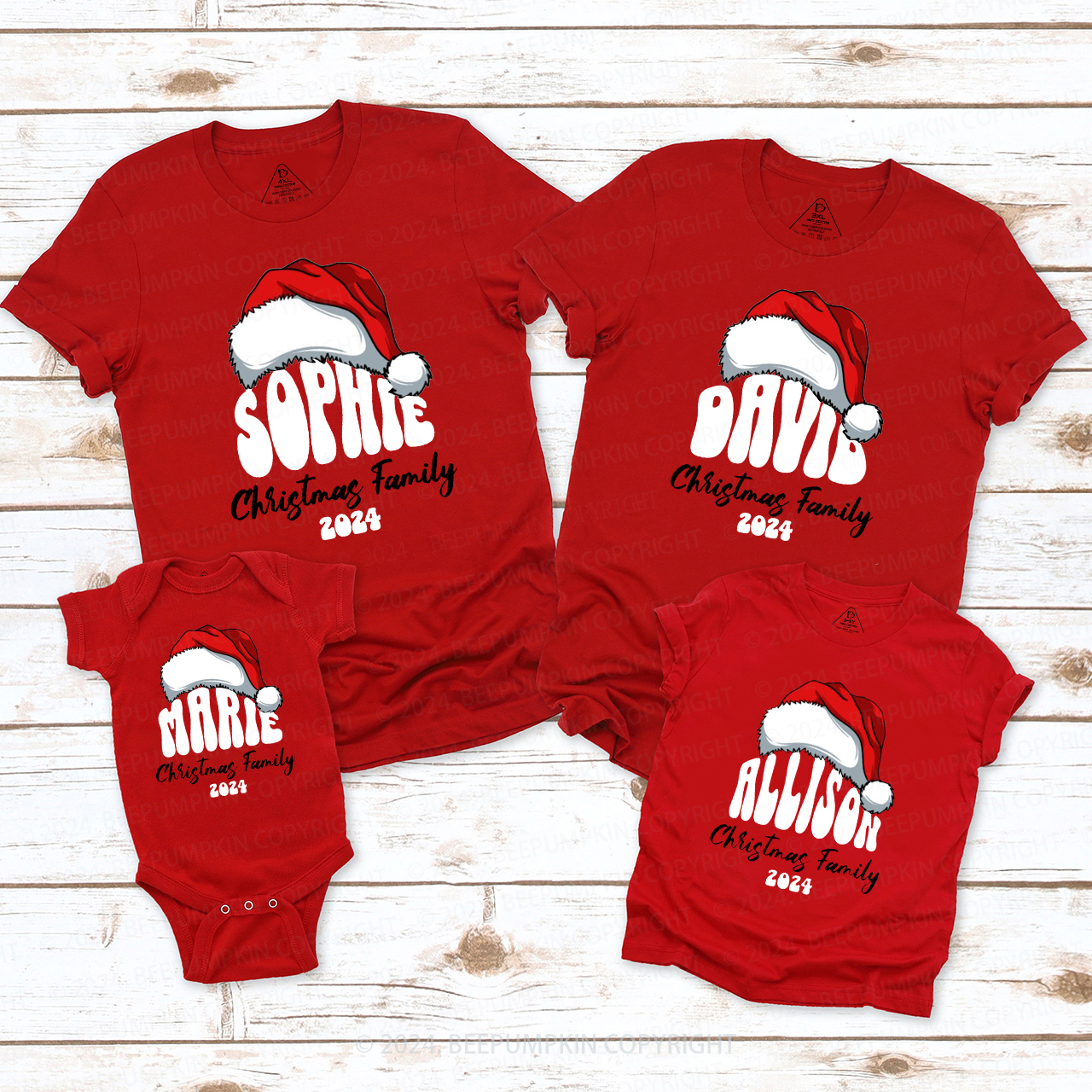 Personalized Red Hat And Name Christmas Matching T-Shirts