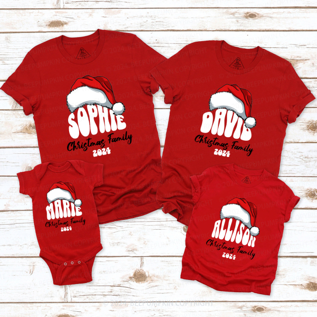 Personalized Red Hat And Name Christmas Matching T-Shirts
