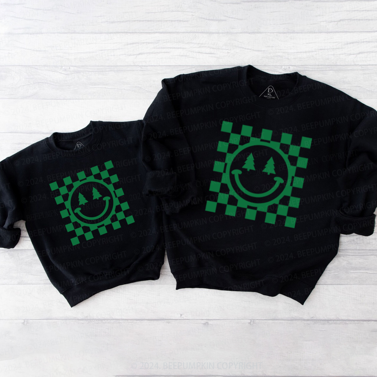 Christmas Green Smiley Tree  Family Christmas Sweatshirt