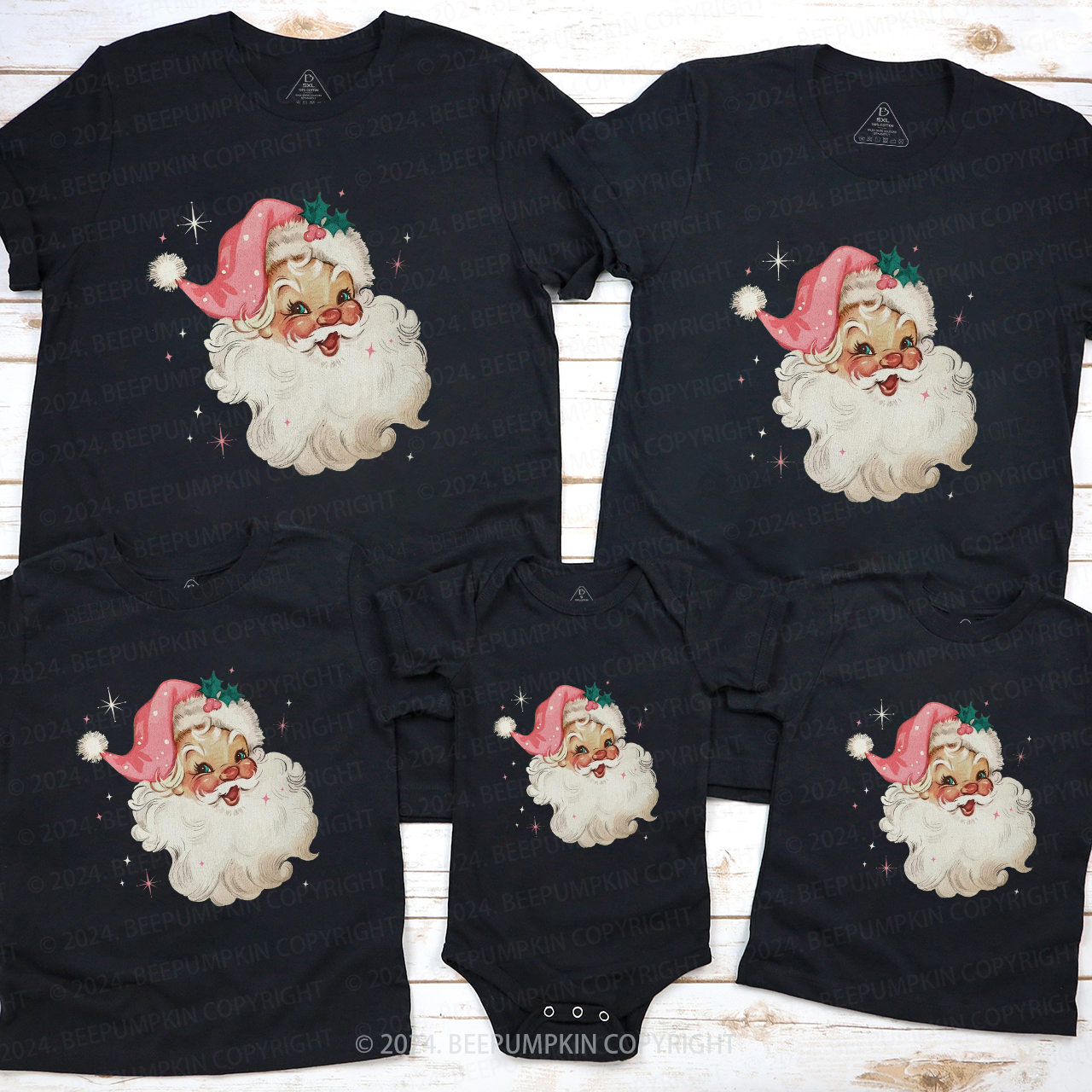 Retro Pink Santa Christmas Family Matching T-Shirts