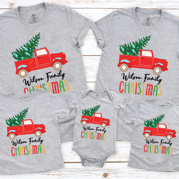 Personalized  Red Truck And Christmas Tree Matching T-Shirts Beepumpkin