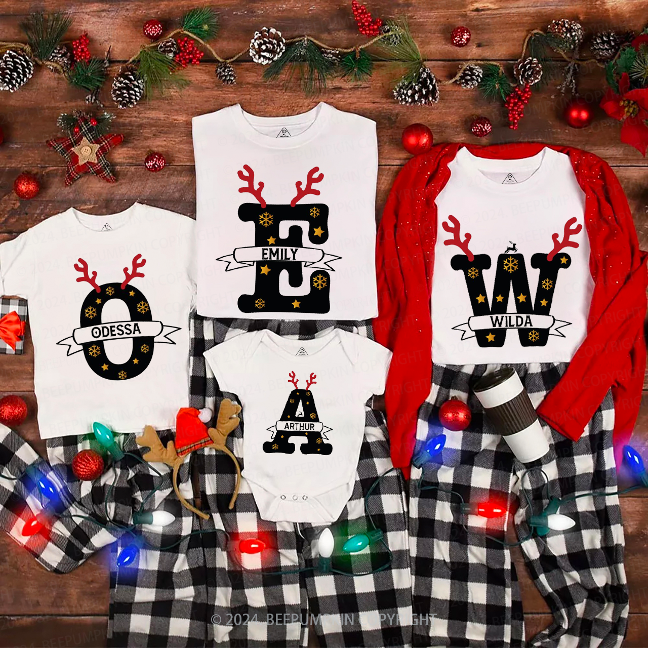 Personalized Antlers And Golden Snowflakes Christmas Matching T-Shirts Beepumpkin
