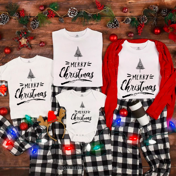 Image of Merry Christmas Snowfakes And Tree Family Matching T-Shirts Beepumpkin