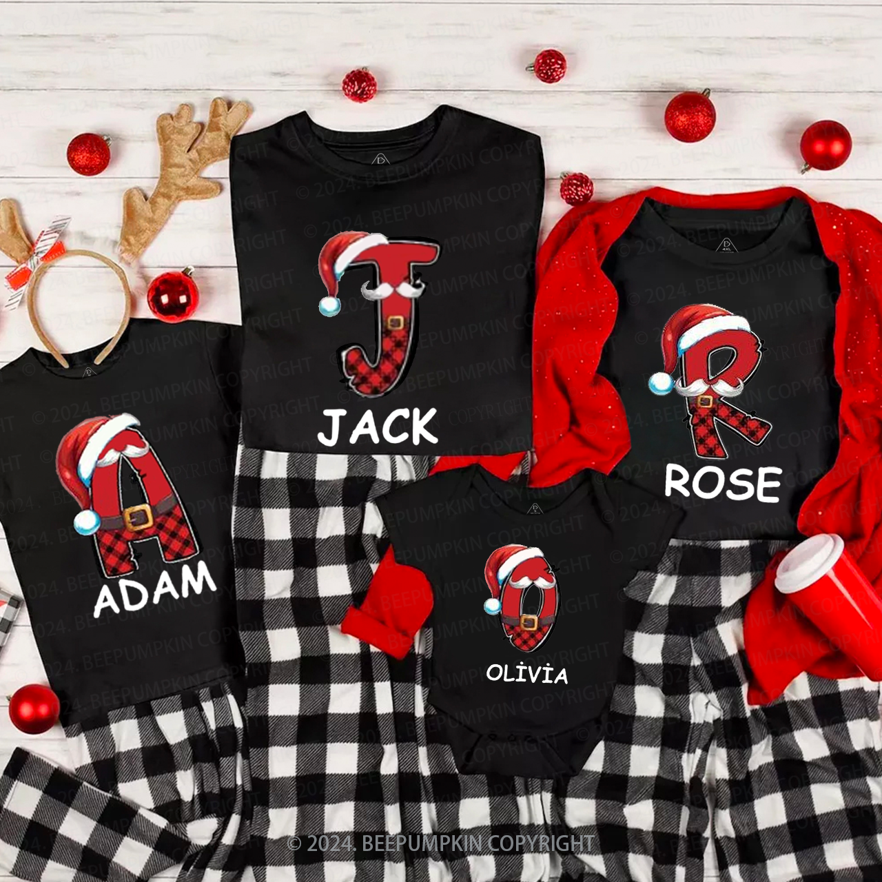 Personalized Plaid Name And Santa Hat Matching T-Shirts Beepumpkin