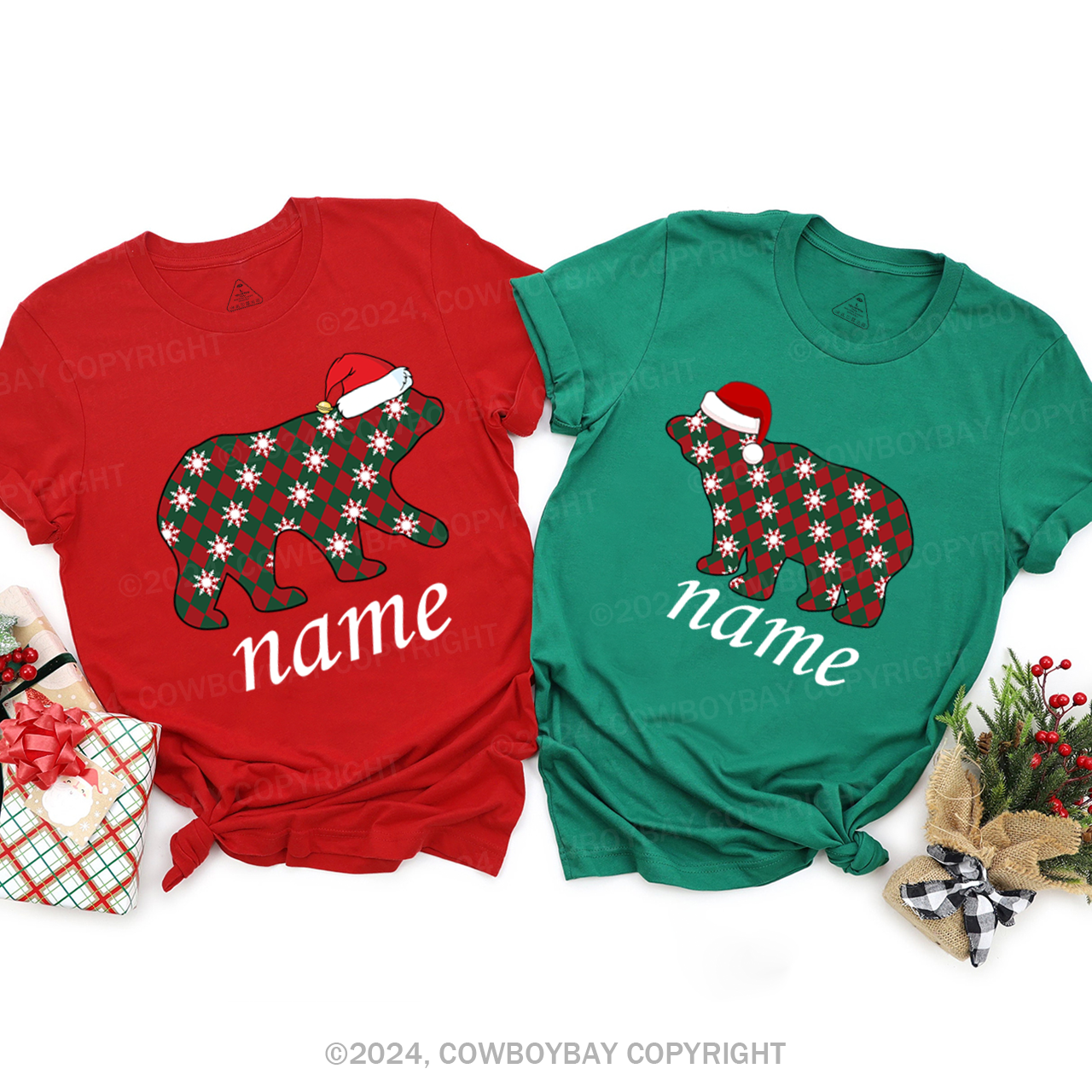 Personalized Plaid Bear With Santa Hat Christmas Family Matching T-Shirts Beepumpkin
