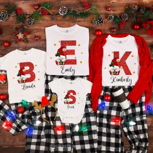 Image of Personalized Christmas Red Name Family Matching T-Shirts Beepumpkin