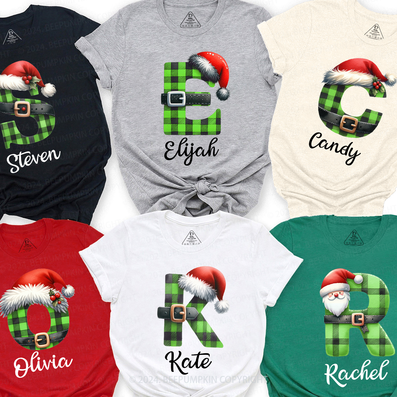 Personalized Green Plaid Letter Christmas Family Matching T-Shirts Beepumpkin