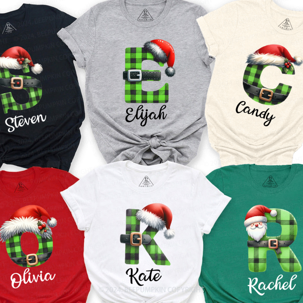 Personalized Green Plaid Letter Christmas Family Matching T-Shirts Beepumpkin