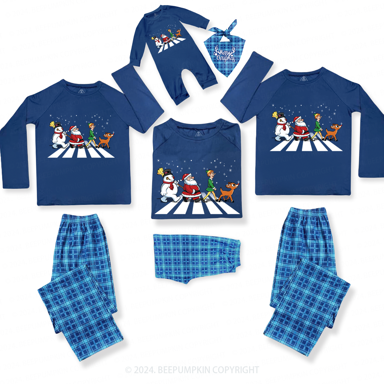 Santa Claus Crossing the Road Family Matching Blue Pajamas Beepumpkin