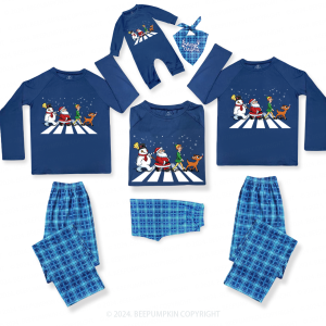 Image of Santa Claus Crossing The Road Family Matching Blue Pajamas Beepumpkin