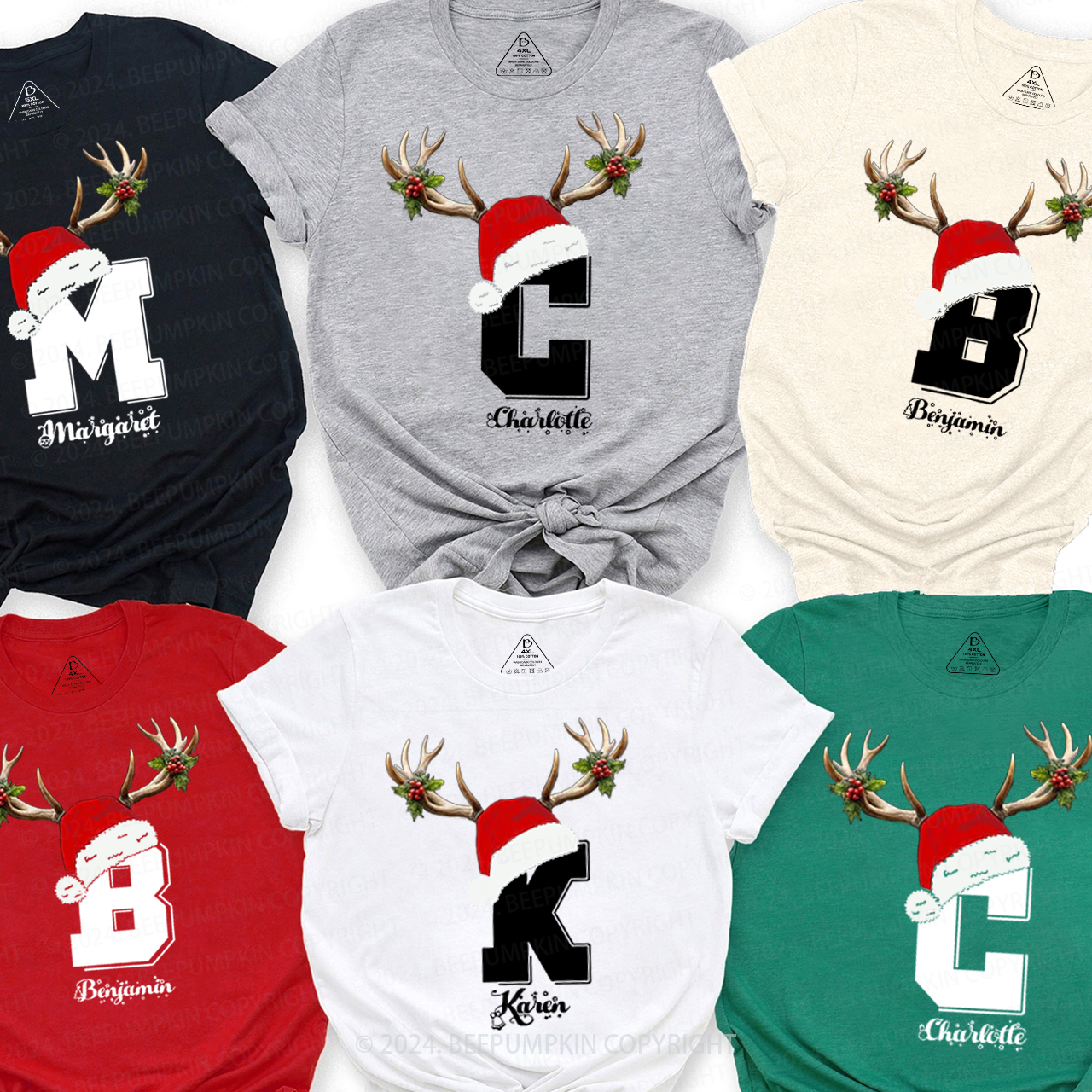 Personalized Deer Antler Name Monogram Christmas Family Matching T-Shirts Beepumpkin