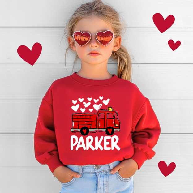 Fire Truck Valentine's Day Kid's Sweatshirt