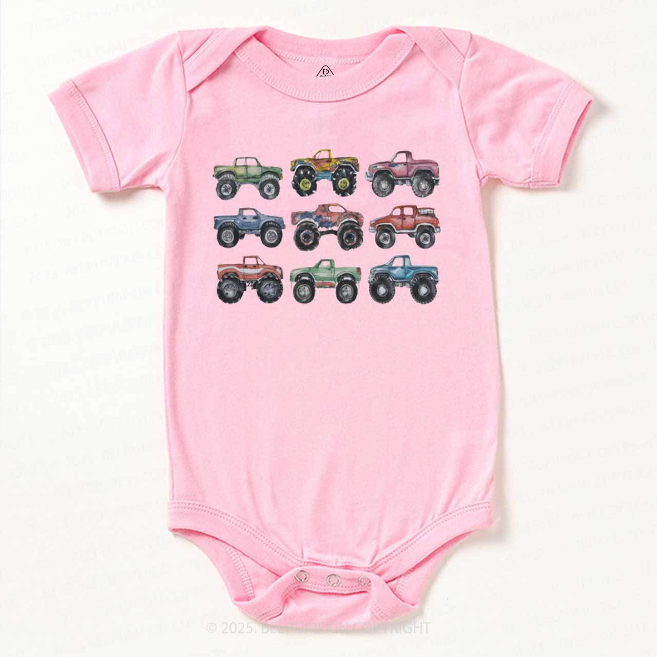 Retro Monster Trucks In A Row Bodysuit Beepumpkin