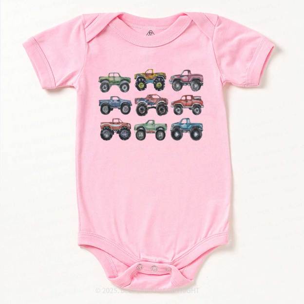 Retro Monster Trucks In A Row Bodysuit Beepumpkin