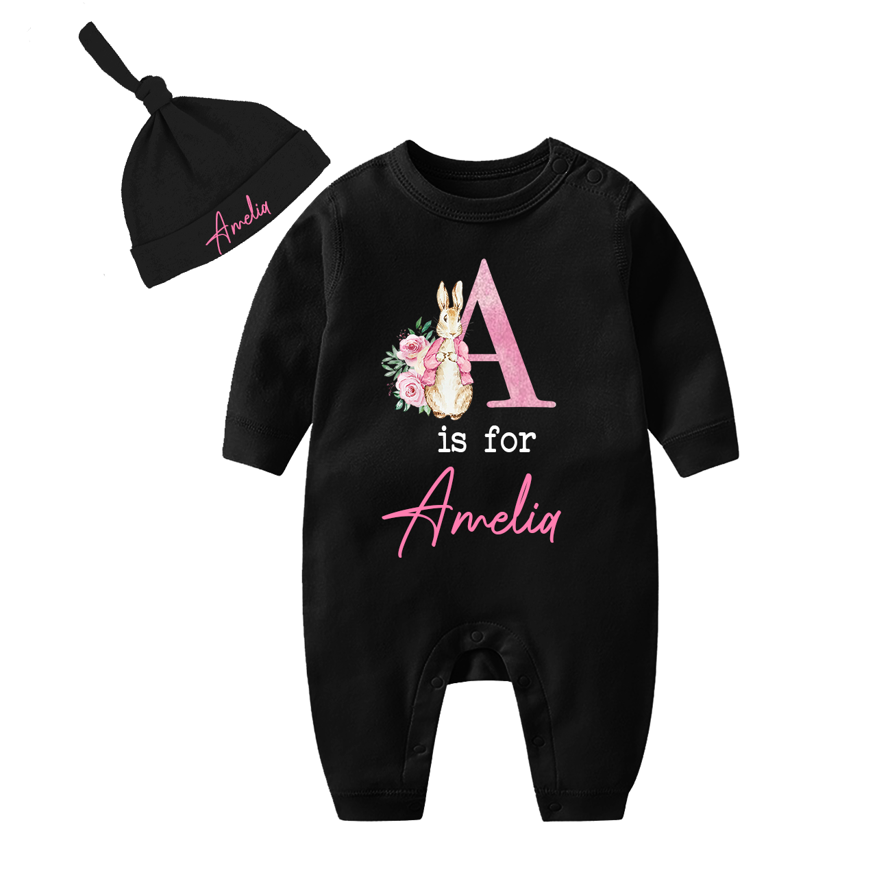 Personalized Pink Rabbit Romper And Hat Set