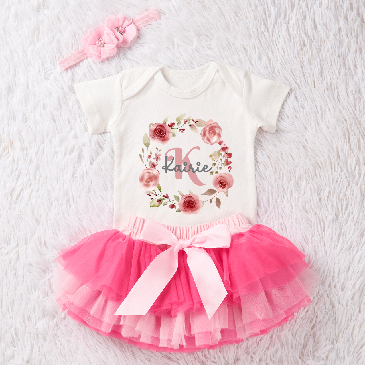 3 Pieces Personalized Rose Crown Baby Girl Tutu Outfit Set