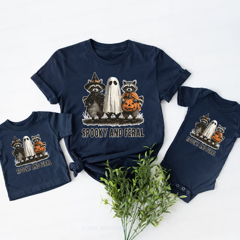 Spooky And Feral Raccoon Halloween Family Matching Shirts