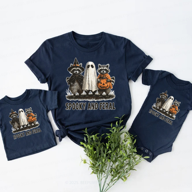 Spooky And Feral Raccoon Halloween Family Matching Shirts