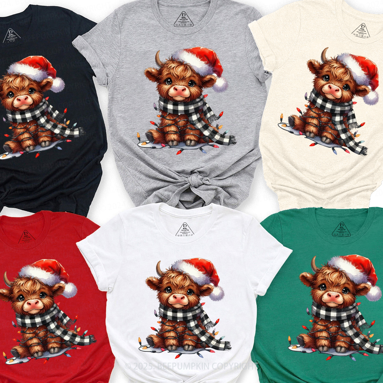 Christmas Lights Highland Cow Family Matching T-Shirts Beepumpkin