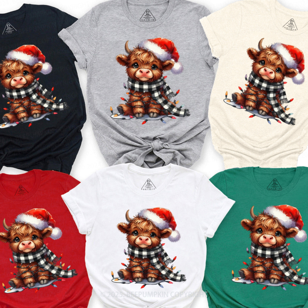 Christmas Lights Highland Cow Family Matching T-Shirts Beepumpkin