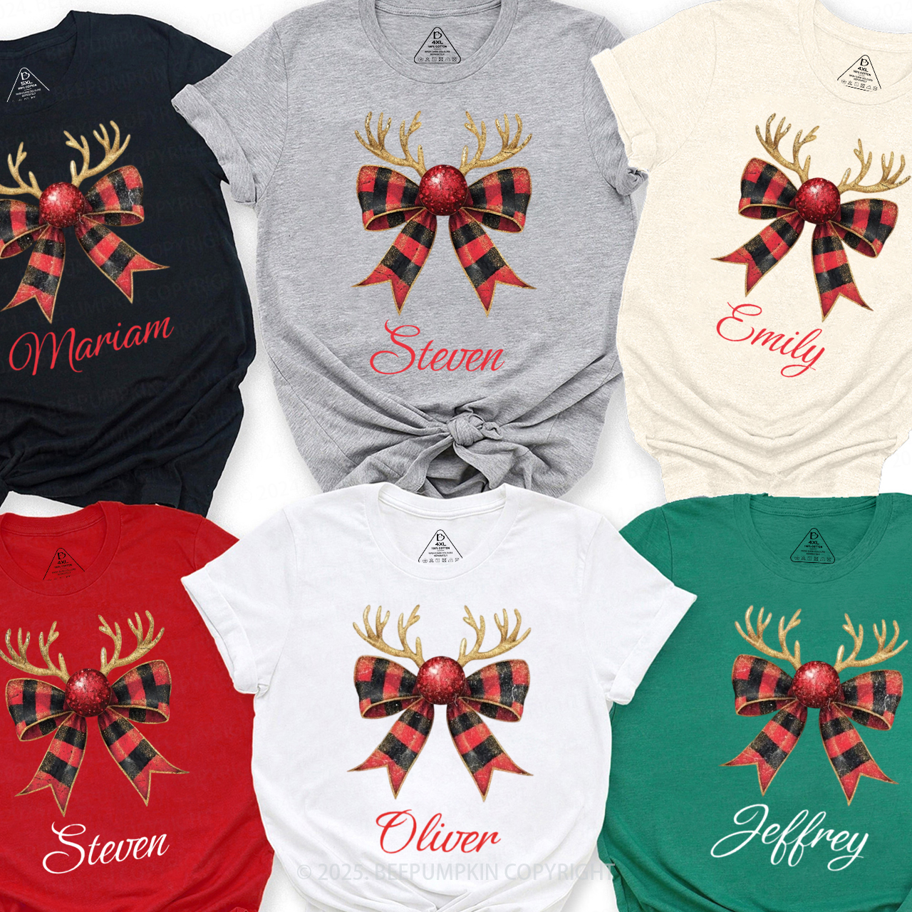 Personalized Reindeer Bow Family Matching T-Shirts Beepumpkin