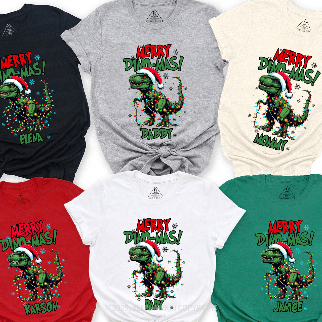 Personalized Christmas Dinosaur Family Matching T-Shirts Beepumpkin