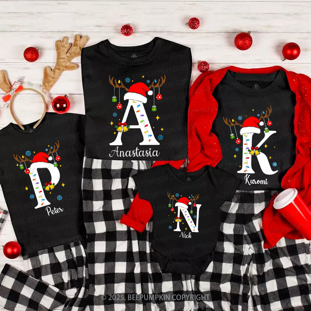 Personalized Alphabet Christmas Name Family Matching T-Shirts Beepumpkin