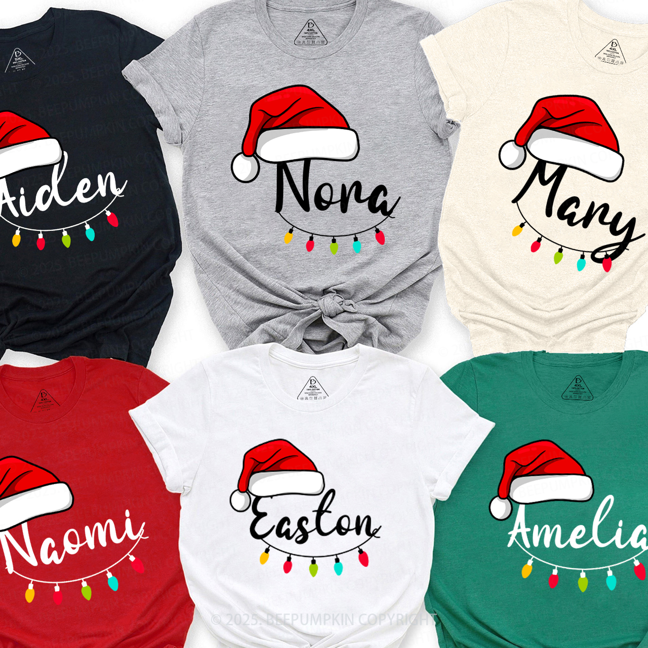 Personalized Santa Hat & Holiday Lights Family Matching T-Shirts Beepumpkin