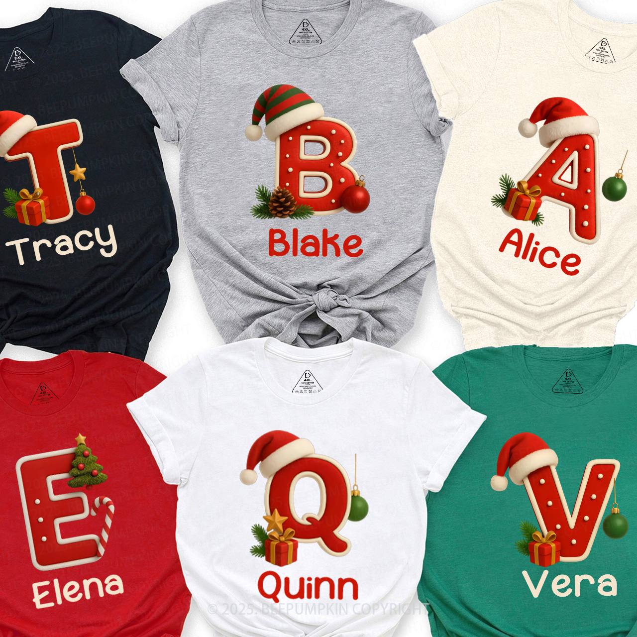 Personalized Santa Hat & Gift Alphabet Christmas Family Matching T-Shirts Beepumpkin