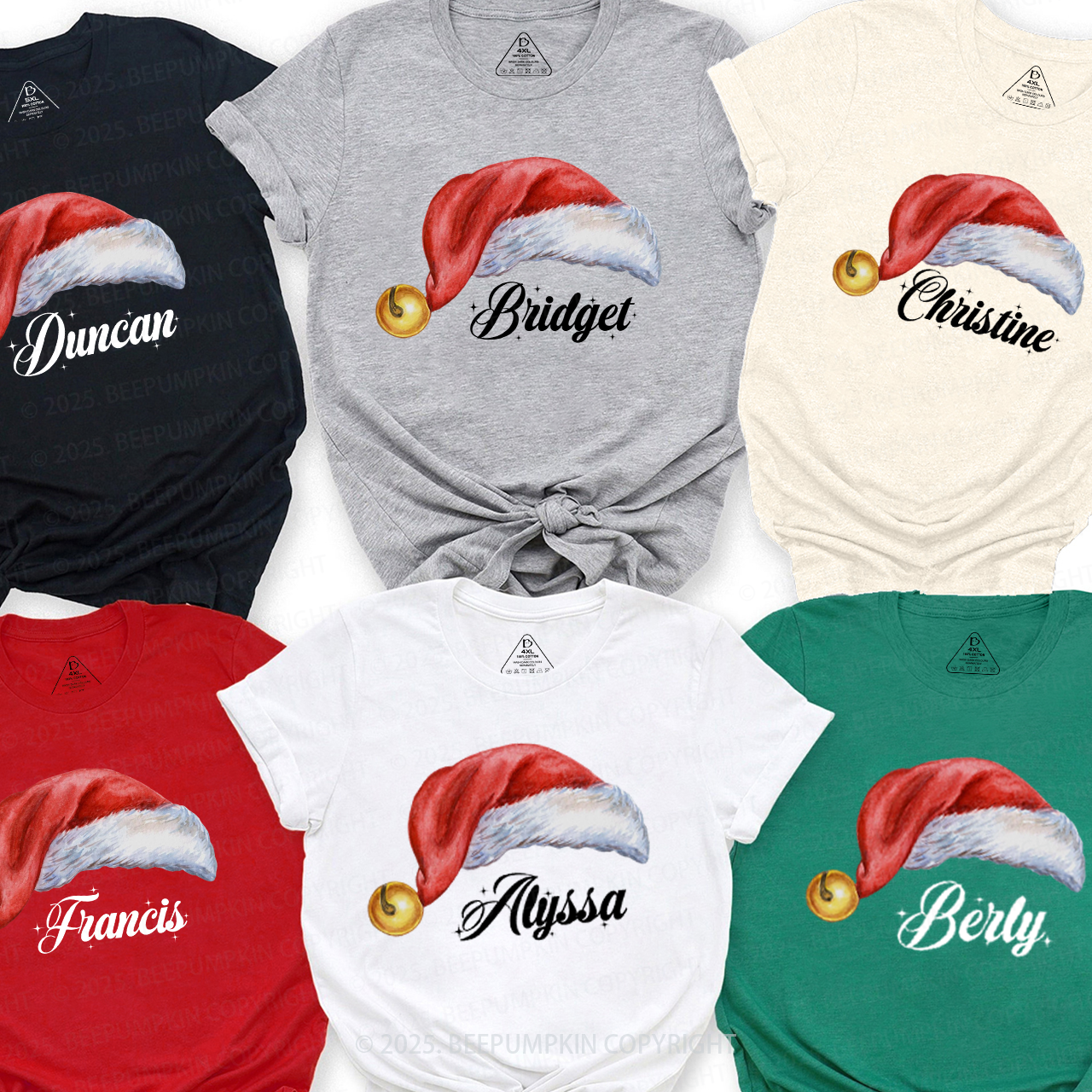 Personalized Watercolor Santa Hat Christmas Family Matching T-Shirts Beepumpkin