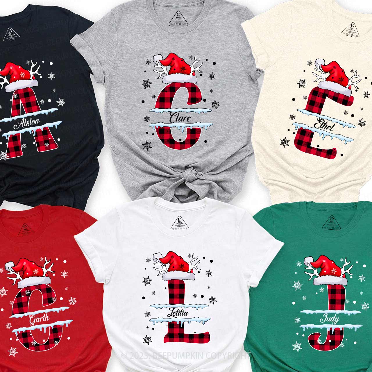 Personalized Christmas Red Plaid Snowflakes Name Family Matching T-Shirts Beepumpkin