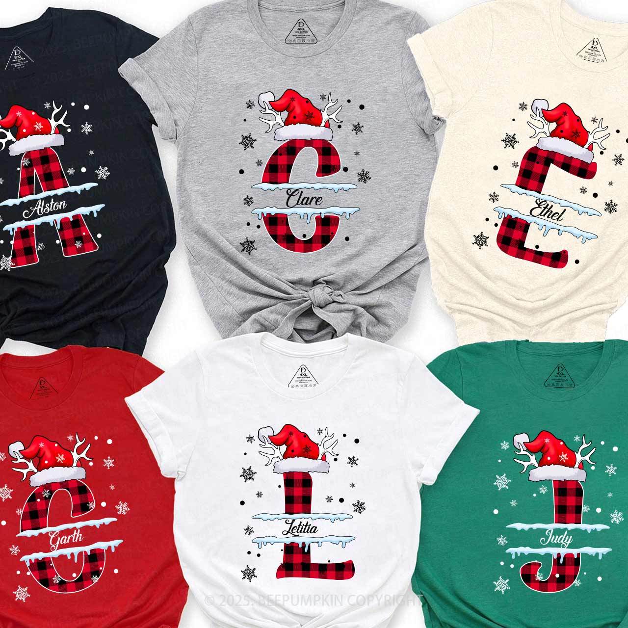 Personalized Christmas Red Plaid Snowflakes Name Family Matching T-Shirts Beepumpkin