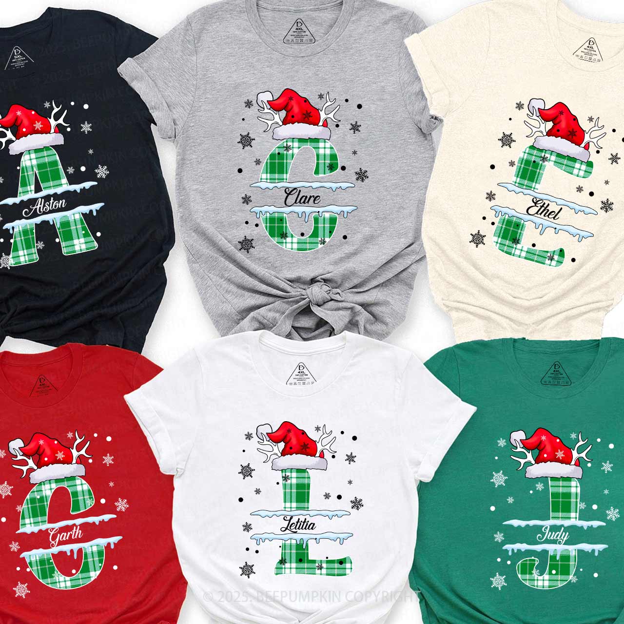 Personalized Christmas Green Plaid Snowflakes Name Family Matching T-Shirts Beepumpkin