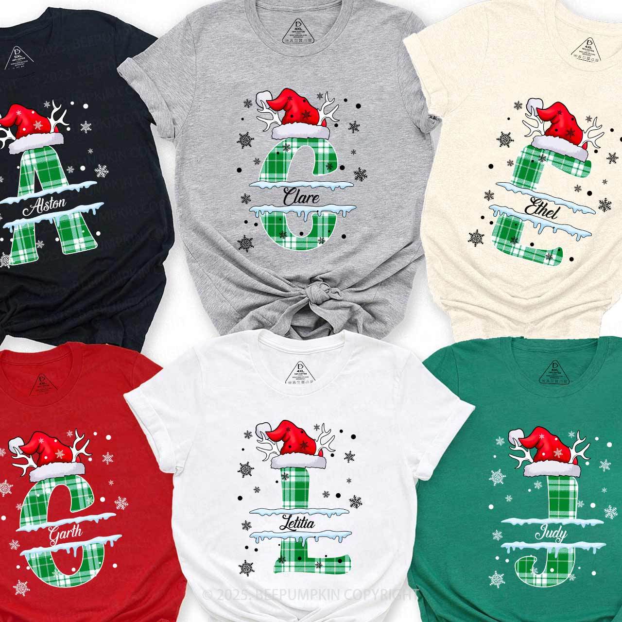 Personalized Christmas Green Plaid Snowflakes Name Family Matching T-Shirts Beepumpkin