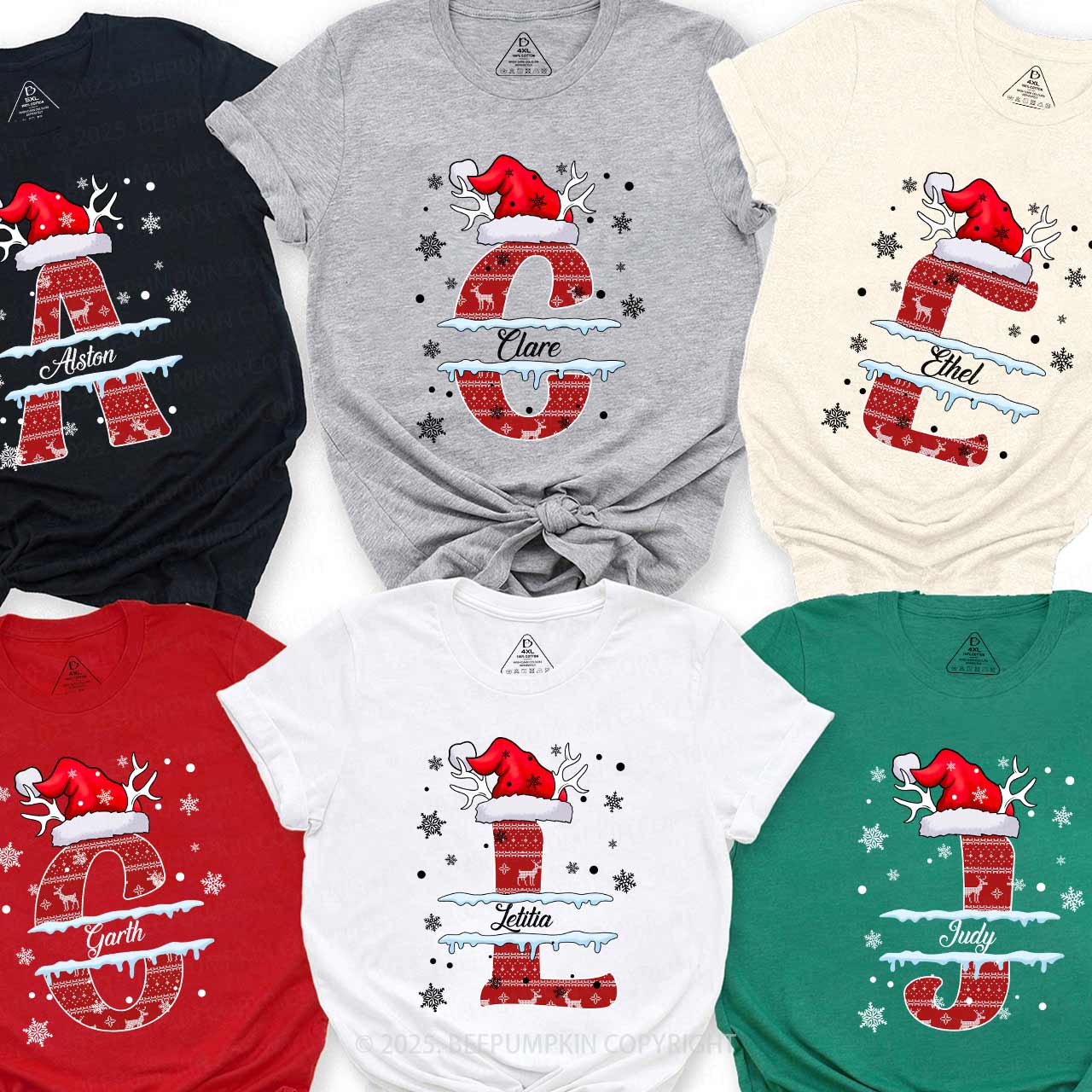 Personalized Christmas Red Elk Snowflakes Name Family Matching T-Shirts Beepumpkin