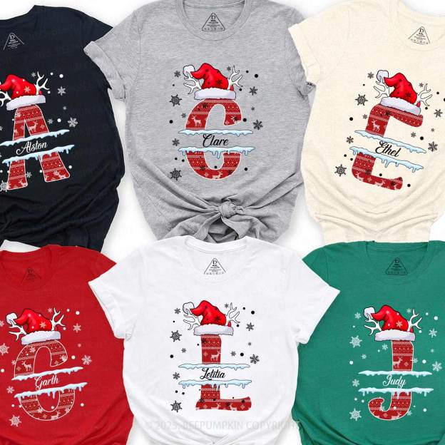 Personalized Christmas Red Elk Snowflakes Name Family Matching T-Shirts Beepumpkin
