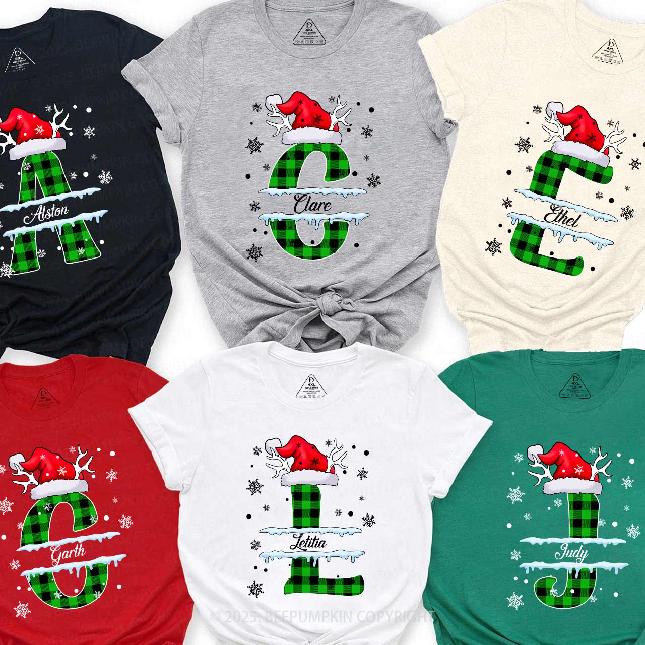 Personalized Christmas Green Plaid Snowflakes Name Family Matching T-Shirts Beepumpkin