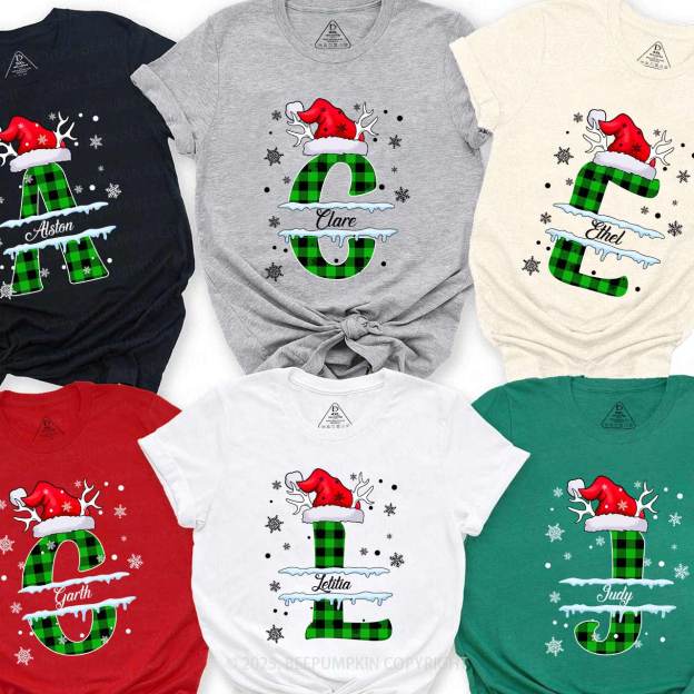 Personalized Christmas Green Plaid Snowflakes Name Family Matching T-Shirts Beepumpkin
